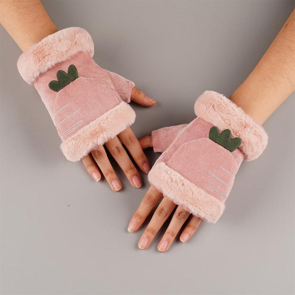 

five fingers gloves yu xue qing pineapple flip cute fingerless women' child mittens winter warm fluffy soft plush short glove, Blue;gray
