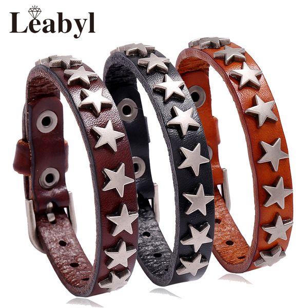 

tennis leabyl classic punk series star rivet cowhide leather bracelet for men women child casual jewelry adjustable vintage, Golden;silver
