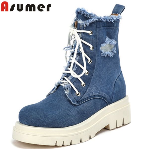 

asumer 2020 new fashion ankle boots women denim round toe autumn winter flat platform shoes comfortable casual shoes ladies, Black
