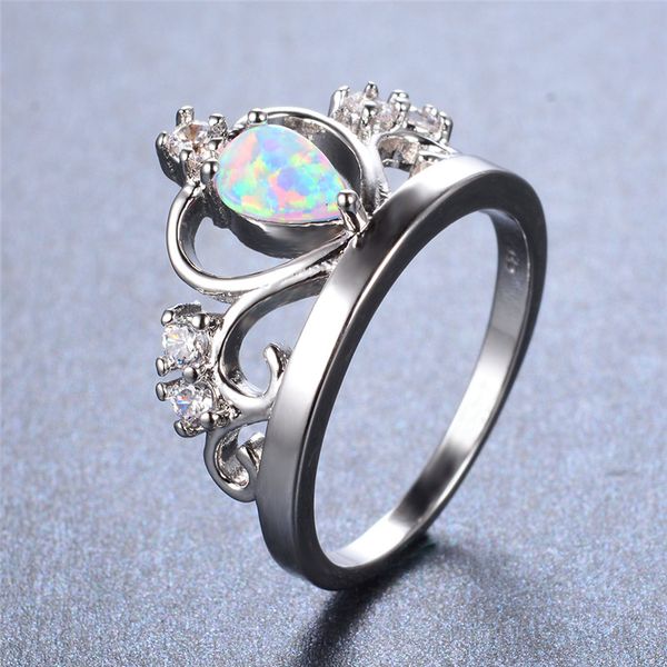 

wedding rings cute female white fire opal ring unique silver color love crown promise engagement for women, Slivery;golden