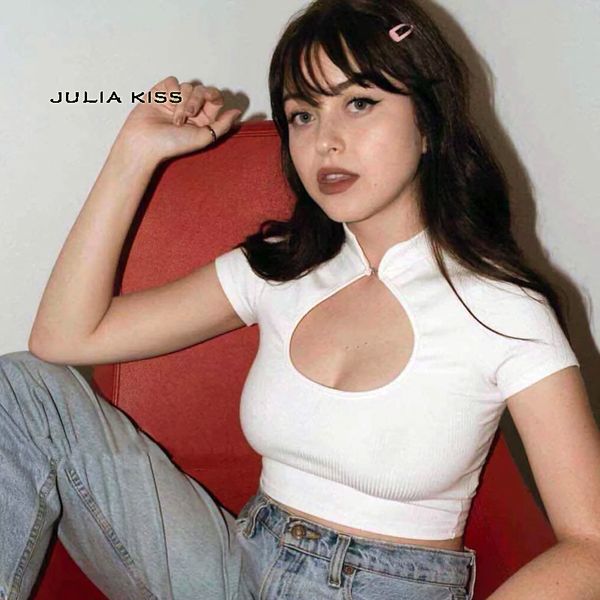 

women's t-shirt women cut out front cotton spandex slim crop turtleneck fit tee, White