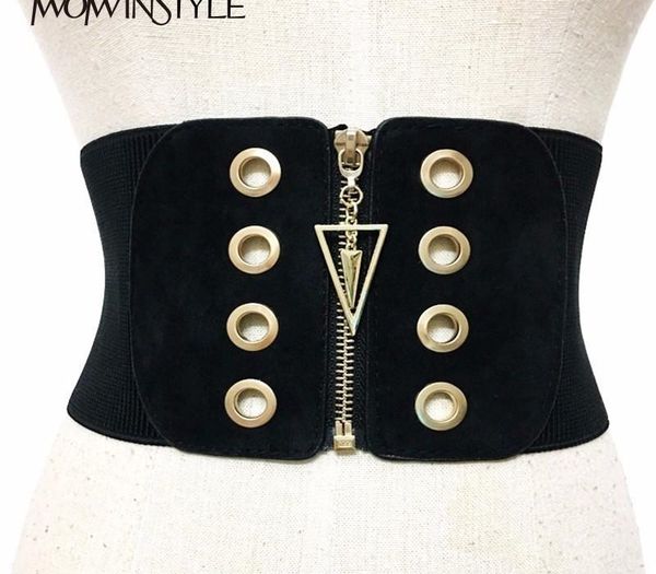 

twotwinstyle wide belt for women elastic zipper patchwork high waist slim belts spring fashion 2020 female cummerbund y200501, Black;brown