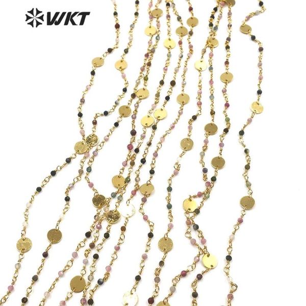 

wt-rbc144 rainbow tourmaline stone beads chain with gold electroplated brass chain rosary 10 meters for jewelry making, Silver