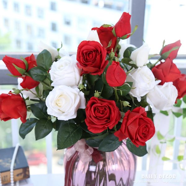 

high simulation real touch 3 heads artificial rose flowers wedding decorative moisturizing hand felt latex roses bunch 12 pcs