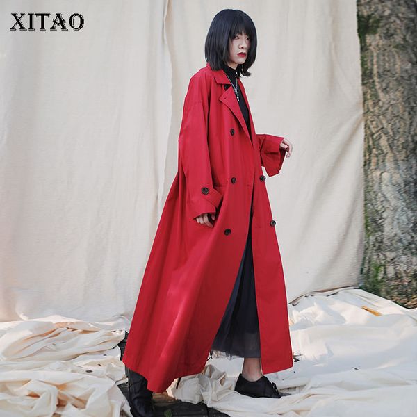 

xitao wide waist trench fashion new double breast full sleeve plus size long minority small fresh casual loose coat dmy2910, Tan;black