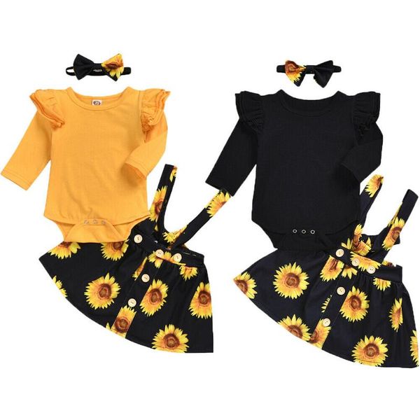 

clothing sets flower floral clothes long sleeve jumpsuit romper bodysuit skirt headband outfit 3pcs 0-24m born kids baby girl set, White