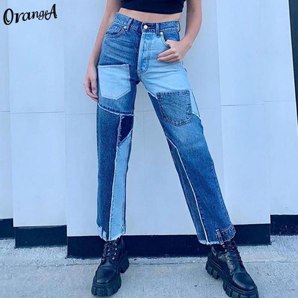 

orangea women y2k pants patchwork high waist jeans casual straight cotton vintage streetwear fashion pockets trouses denim 2020, Black;white
