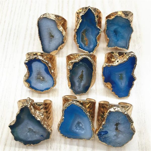 

cluster rings natural brazilian electroplated color edged slice open blue agates geode drusy druzys women wedding engagement ring set, Golden;silver