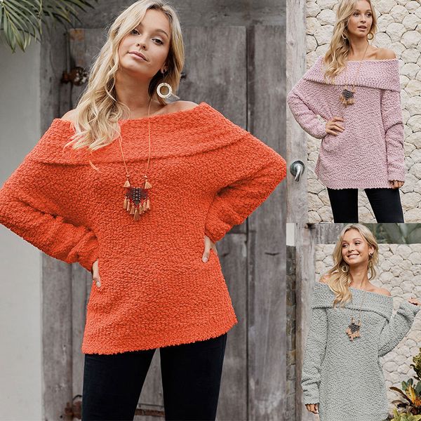 

wepbel autumn winter solid color knitwear women's new long-sleeved off-shoulder slash neck slim pullover loose, White;black