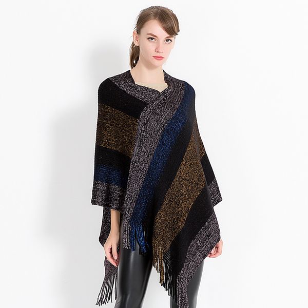 

lady's thick stripe scarf in winter patchwork thickening poncho autumn women's khaki black tassels warm shawl, Blue;gray