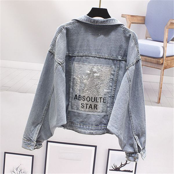 

women 2020 new sequins star denim jacket spring autumn short plus size washed harajuku casual jean jacket female chaqueta mujer, Black;brown