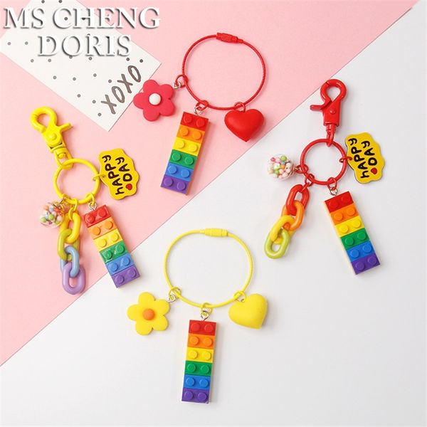 

dropship gummy rainbow blocks lgbt keychain flatback resin pendant charms heart flower resin keyring bag car key chains, Silver