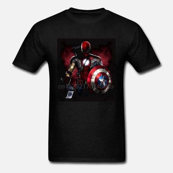 

mens superhero character mash up black t-shirt spider man iron man thor