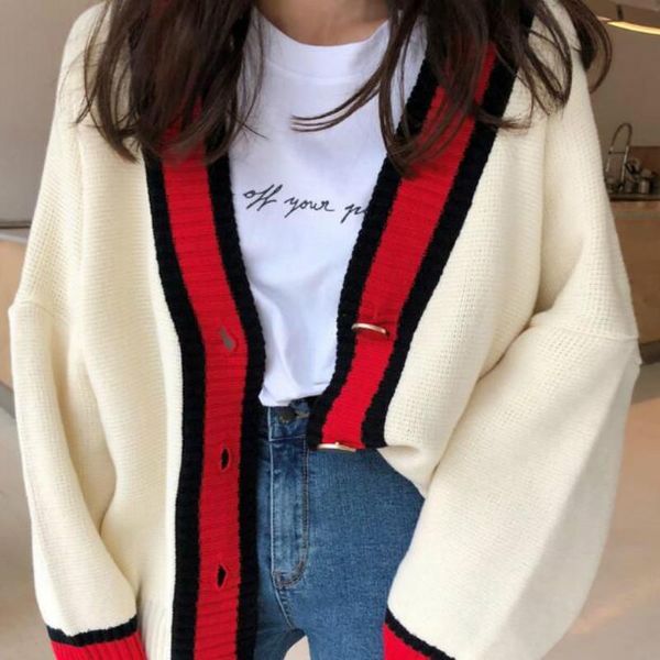 

women autumn v neck patchwork cardigan sweater coat white loose plus size long sleeve pull femme jersey knitted, White;black