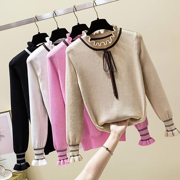 

bow knitted pullovers autumn winter women sweater jumper pullover sleeve long 2020 high elasticity fall sweater women pullover, White;black