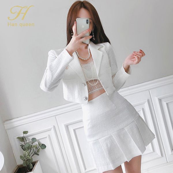 

two piece dress h han queen korean chic white occupation 2 pieces suits women 2021 autumn pocket crop & pleated skirt slim female office