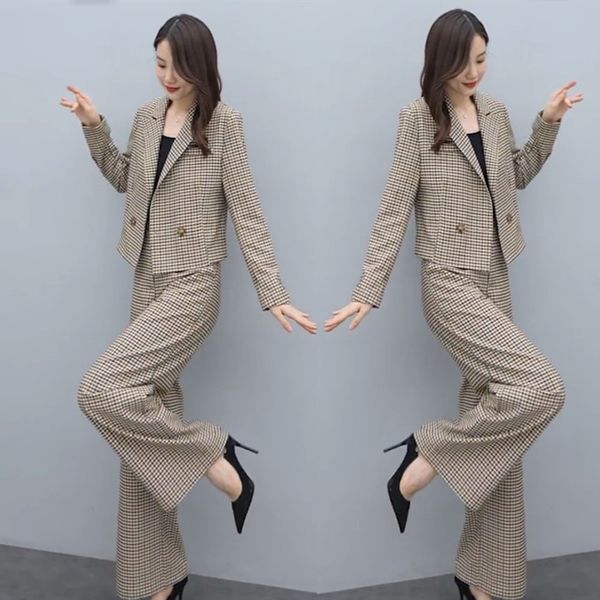 

women's two piece pants high-quality plaid women' autumn temperament was thin short suit fashion casual wide-leg trousers two-piec, White