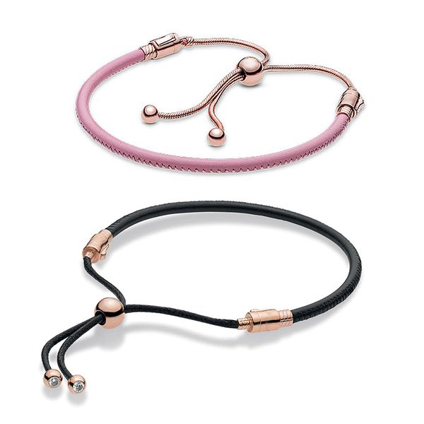 

925 sterling silver rose moments pink leather slider bracelet bangle fit women bead charm diy jewelry, Golden;silver