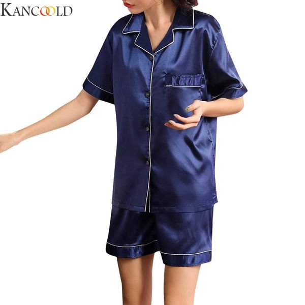 

kancoold smooth sleepwear for women short sleeve strap pyjamas satin pajamas sets nightwear simulation new arrival, Black;red
