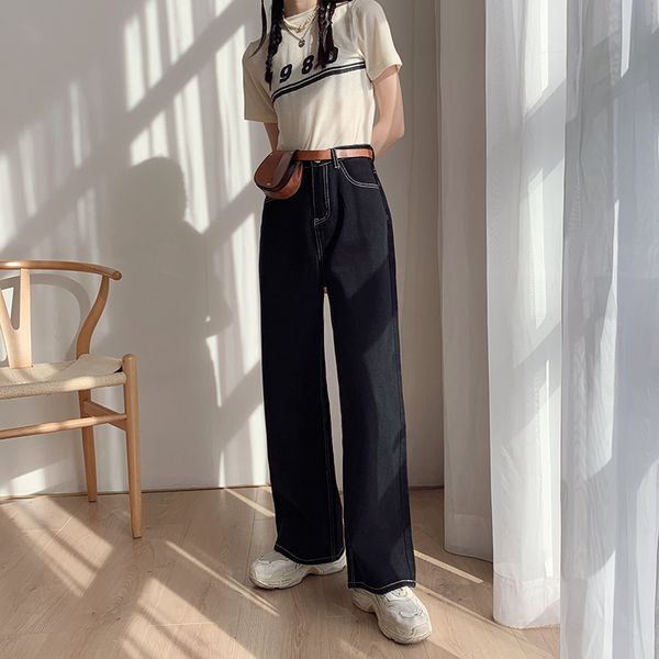 

women's jeans black straight women with sashes boyfriend mom wide leg plus size high waist streetwear autumn winter 2021, Blue