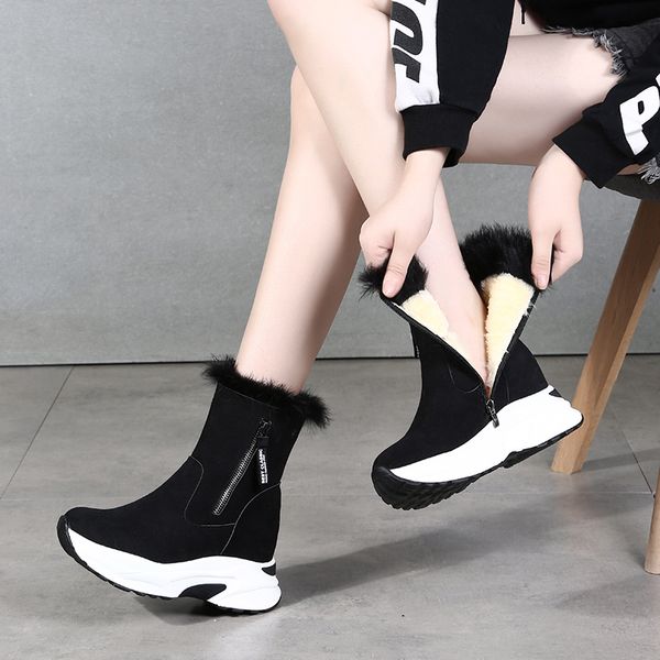 

boots women new 2020 australia flat heel shoes winter footwear platform zipper round toe plush booties ladies snow high, Black