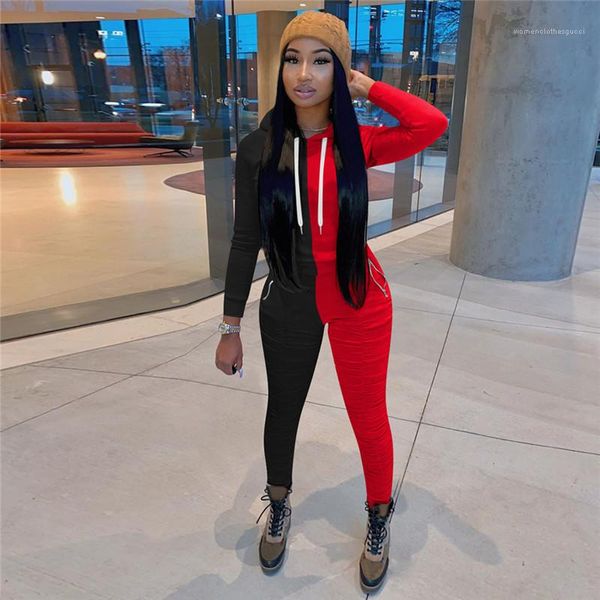 

womens tracksuits fashion panelled contrast women long sleeeve trousers hooded slim sports set clothing stacked designer, Gray