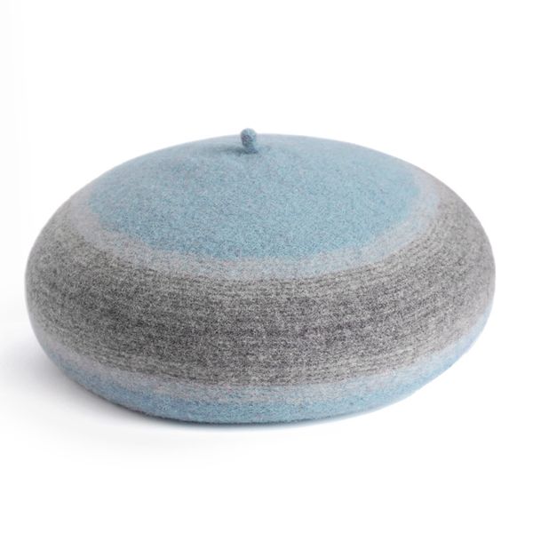 

beret hat women wool contrast color round striped beret woolen cloth bud hat japanese painter, Blue;gray