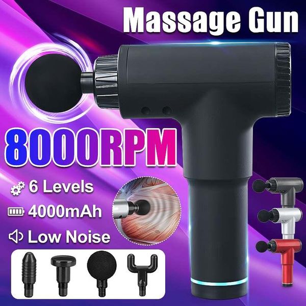 

8000r/min therapy massage gun 6 gears muscle massager pain sport massage machine relax body slimming relief with 4 heads
