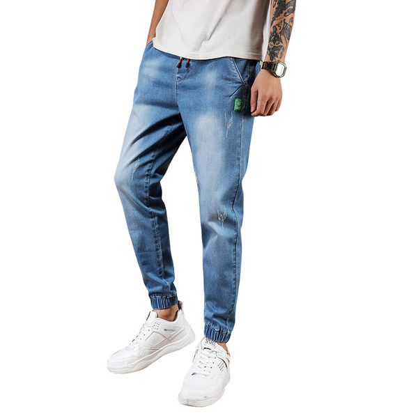 

peikong cat whisker distressed embroidered mid rise regular-fit gather with drawstring men's biker skinny ripped jeans for men, Blue