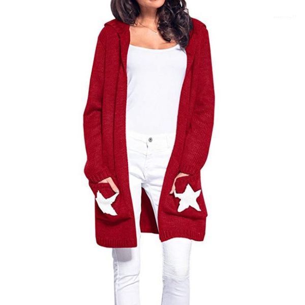 

five-pointed star long sleeve hooded knitting sweaters fashion female clothing 2020 womens designer cardigan sweater large pocket, White;black
