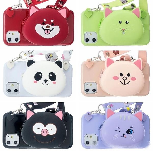 

3d cute coin purse wallet soft tpu case for iphone 11 pro max xr xs max x 7 6 5 se cartoon panda pig rabbit cat phone cover shoulder strap