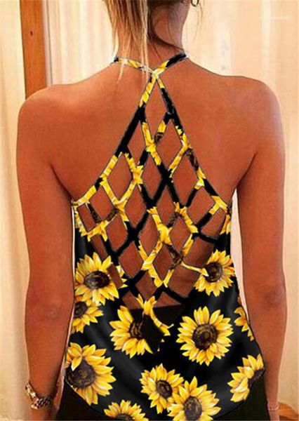 

strap tshirts females loose casual tees womens hollow out backless vest summer designer sunflower print halter, White