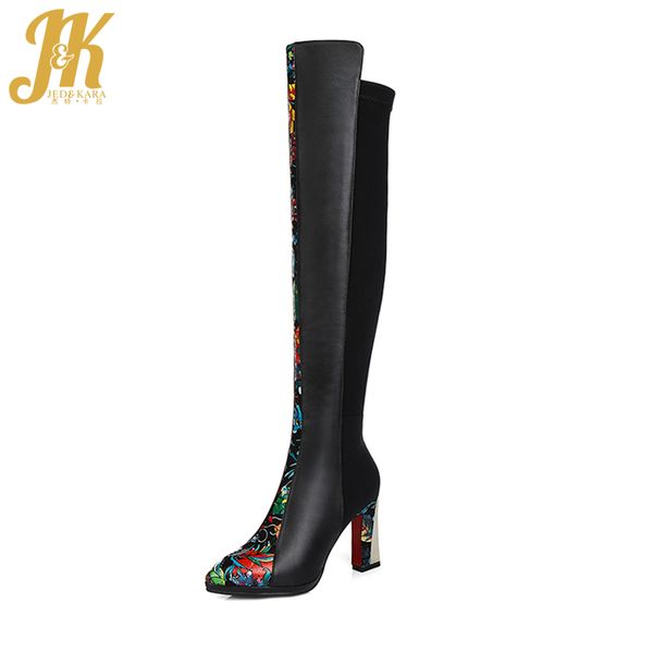 

jk 2020 brand design over the knee boots for women cow leather ethnic floral print thigh high winter boots high heels zipper, Black
