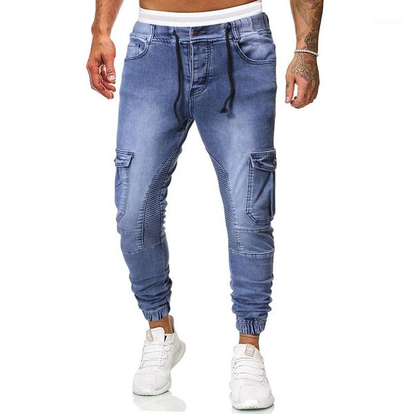 

pockets casual natural color plus size jeans mens clothing mens jeans designer drawstring pencil pants with, Blue