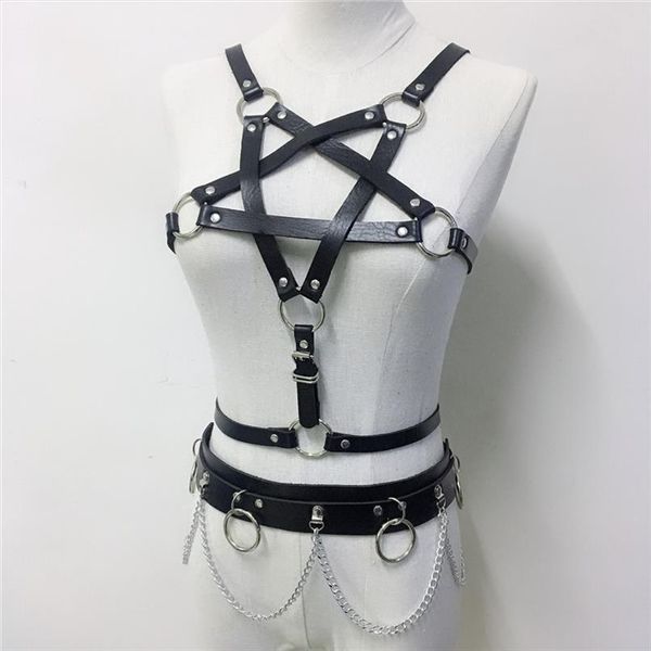 

punk faux leather 2 piece set women fashion pentagram crop harness belt rave festival party two piece club outfits, Gray