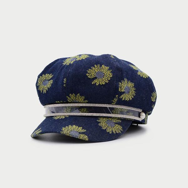 

japanese hat female retro small daisy octagonal hat spring and autumn art all-match beret, Blue;gray