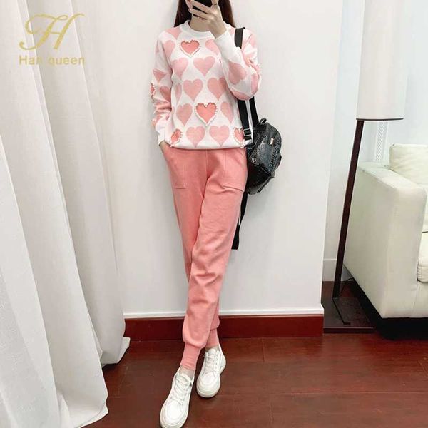 

women's tracksuits h han queen autumn 2 piece set women knit outfits love heart + lace up waist ankle harem pants 2021 suit, Gray