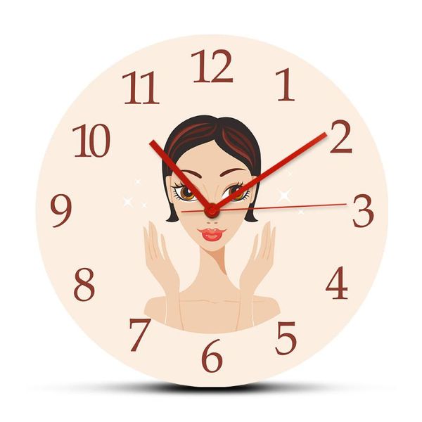 

beautiful young woman with flawless skin acrylic rounded wall clock watch for beauty salon spa skincare decor hanging clocks