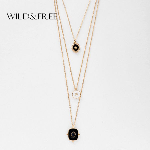 

wild&women multi layered gold necklace & pendant 3 layers long chain necklace vintage black enamel coin necklaces jewelry, Silver