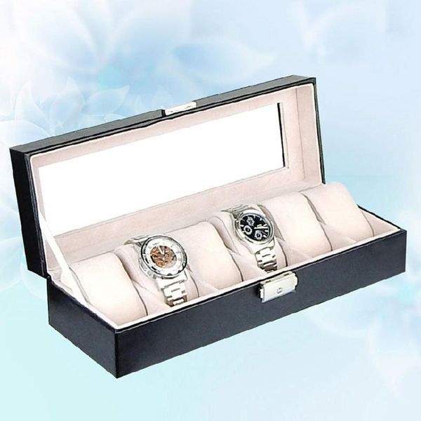 

6 grids pu leather watch box jewelry storage case watch display box caja reloj, Black;blue