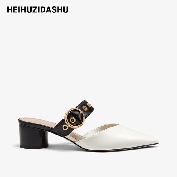 

dress shoes 2021 summer leather women mules pointed toe buckle sandals round heel rivets studded ladies, Black