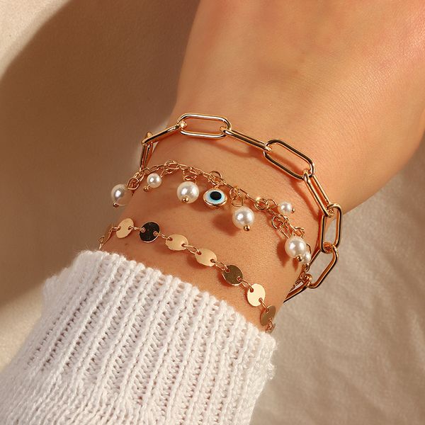 

charm bracelets imitation pearls tassel eye for women gold color sequins hand chains 2021 fashion jewelry gift arrival, Golden;silver