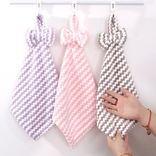 

striped bowknot coral velvet hand towel super soft absorbent hanging bathroom kitchen towel cleaning cloth dishcloth 30x30cm 1pc