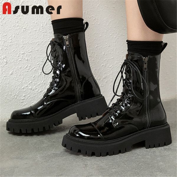 

boots asumer 2021 est autumn winter genuine leather women thick bottom casual shoes fashion punk ankle woman black