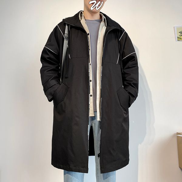 

solid trench coat men spring autumn korean loose casual windbreaker men long coat korean jacket, Tan;black