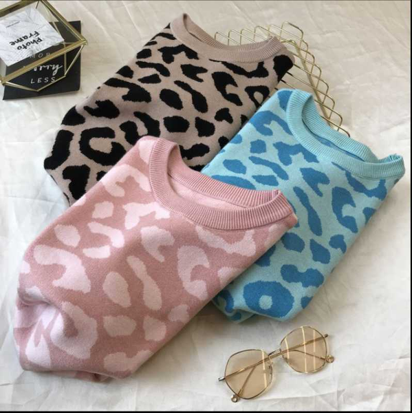 

women's sweaters 2021 spring and autumn korean leopard print short sleeve knitted shirt women loose casual pullover sweater, White;black