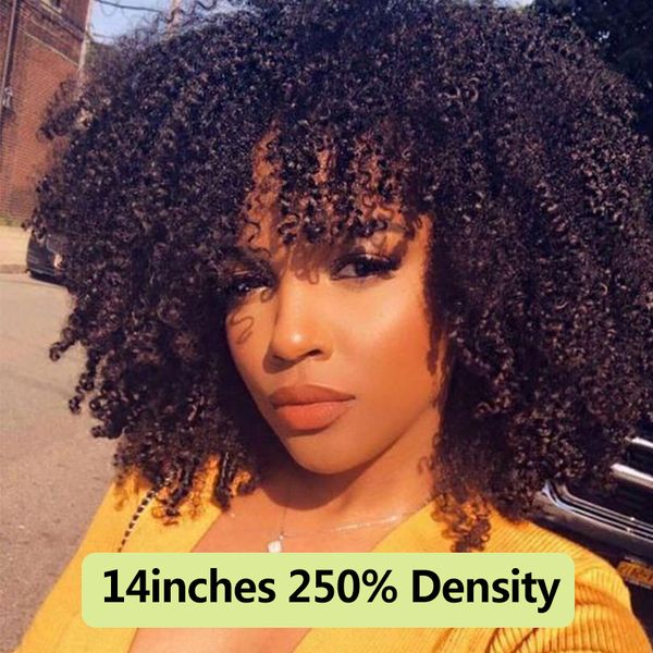 

250 density afro kinky curly lace front human hair wigs with bangs short bob lace frontal wig for women full 4b 4c dolago black, Black;brown