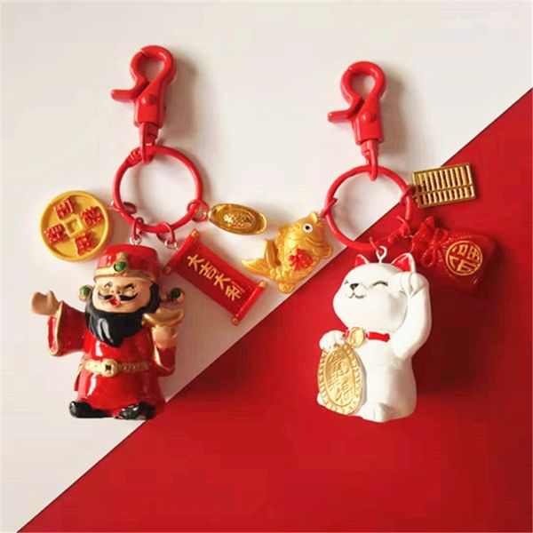 

2020 new cute cartoon new year god of wealth lucky cat doll keychain for women bag charms car key holder pendant keyrings, Silver