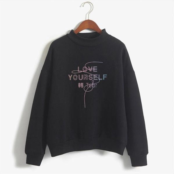 

bangtan boys hoodies women korean kpop fleece warm turtleneck casual streetwear harajuku love yourself letter printed sweatshirt, Black