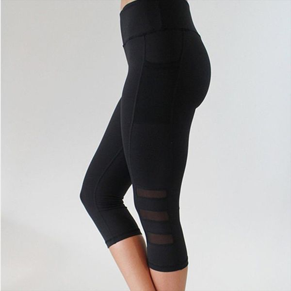 

summer mesh patchwork leggings women pocekts capri pants women fitness sportswear leggins workout leggings, Black
